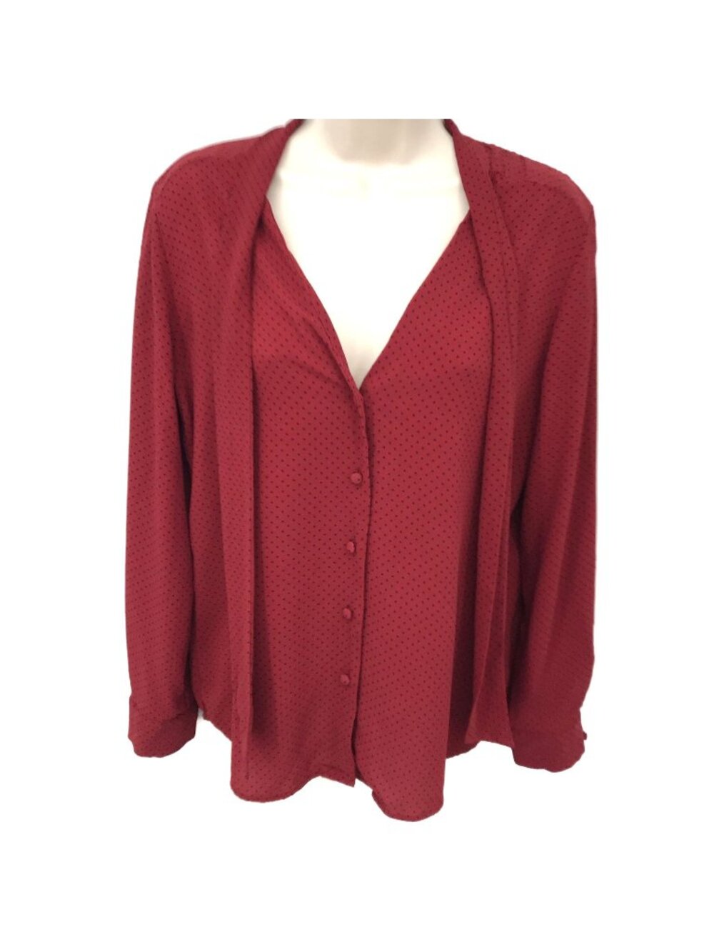 Zara Basic Red Black Polka Dot Button-Up Long Sleeve Blouse Tie Neck Size M